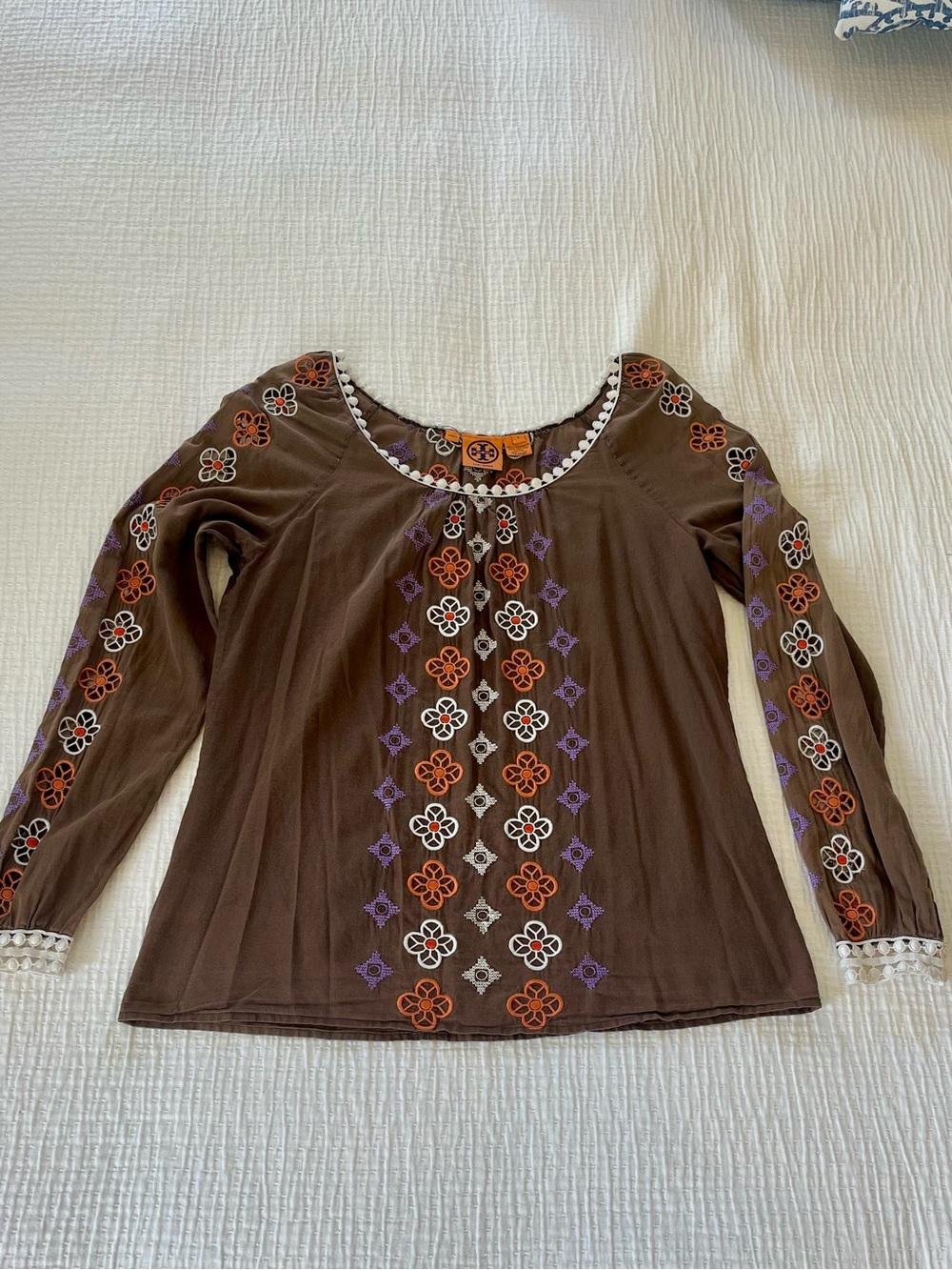 Tory Burch Brown Orange Purple Long-Sleeve Embroidered Top